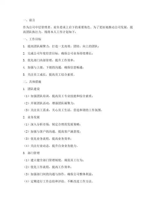 公司中层管理者工作计划