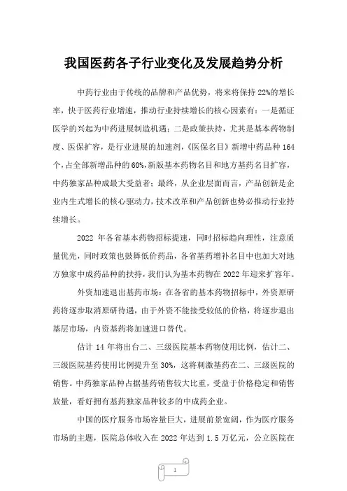 2022年行业分析报告我国医药各子行业变化及发展趋势分析