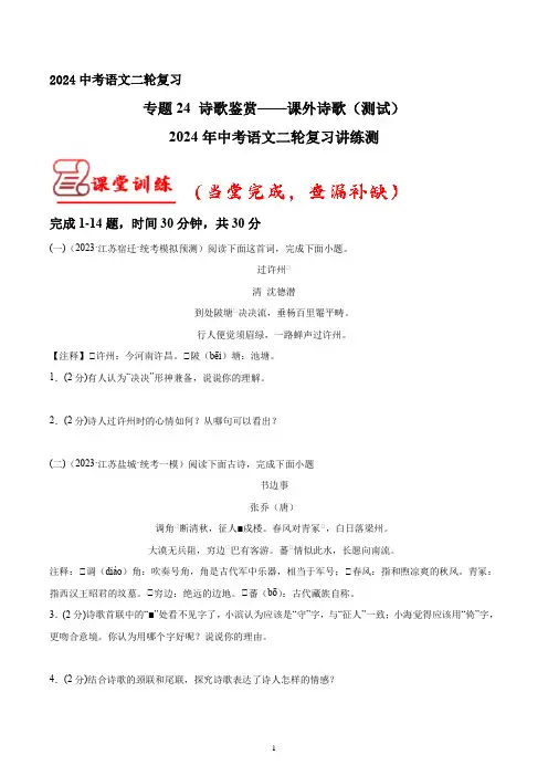 专题24 诗歌鉴赏——课外诗歌 测试(答案与解析版)2024年中考语文二轮复习讲练测(全国通用)