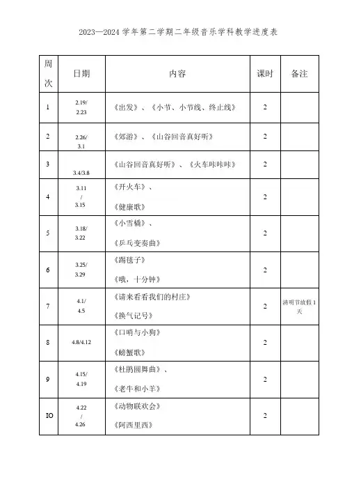 2023—2024第二学期二年级音乐教学进度表