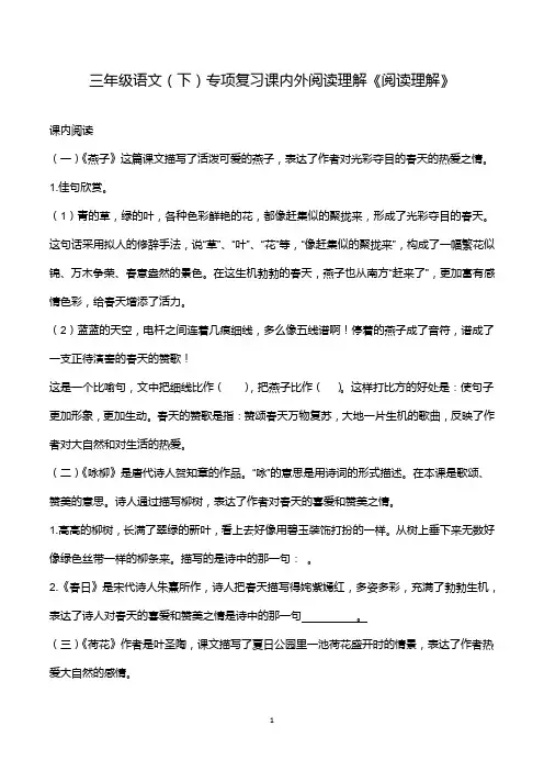 三年级语文(下)专项复习课内外阅读理解《阅读理解》