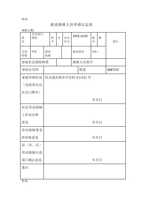 就业困难人员申请认定表汇编