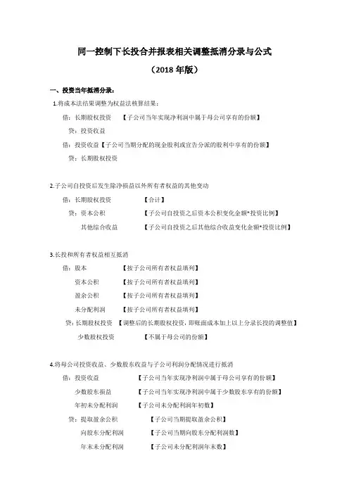 合并会计报表抵消分录与公式——同一控制下长投合并处理