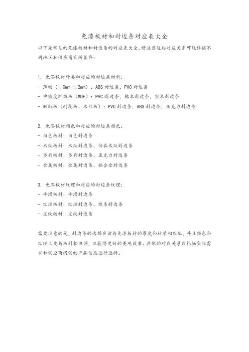 免漆板材和封边条对应表大全