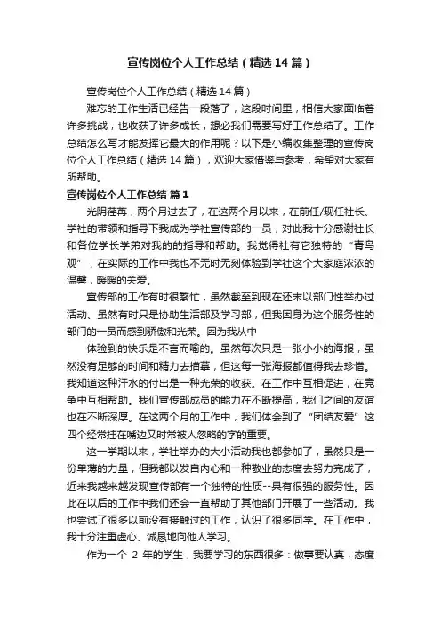 宣传岗位个人工作总结（精选14篇）