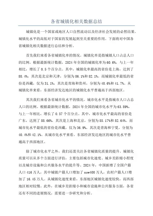 各省城镇化相关数据总结