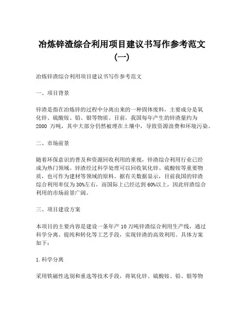 冶炼锌渣综合利用项目建议书写作参考范文 (一)