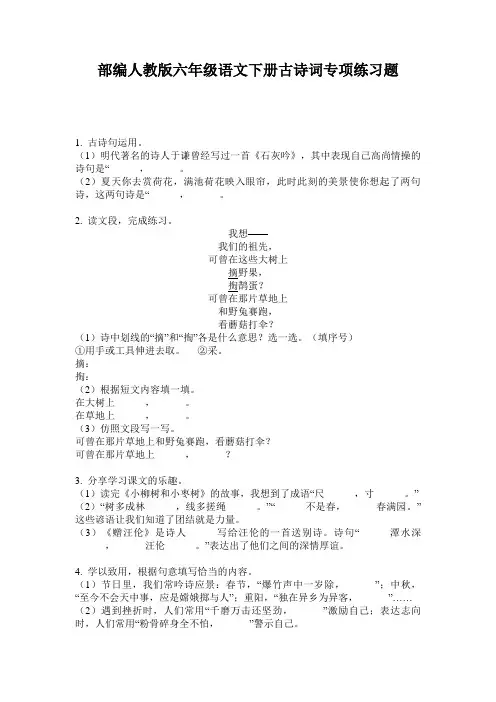 部编人教版六年级语文下册古诗词专项练习题
