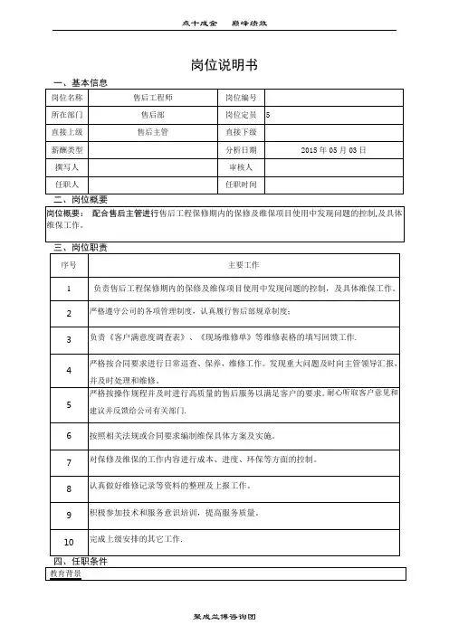 售后工程师--岗位说明书