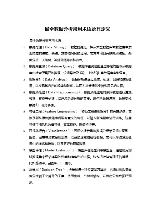 最全数据分析常用术语及其定义