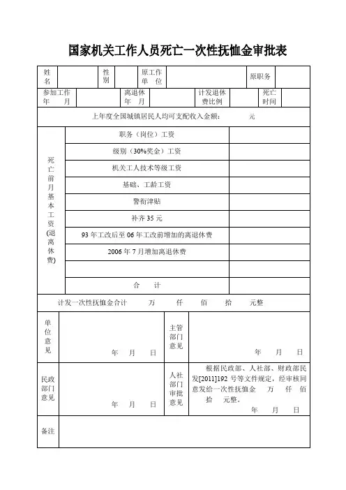国家机关工作人员死亡一次性抚恤金审批表