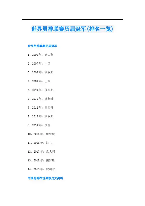 世界男排联赛历届冠军(排名一览)