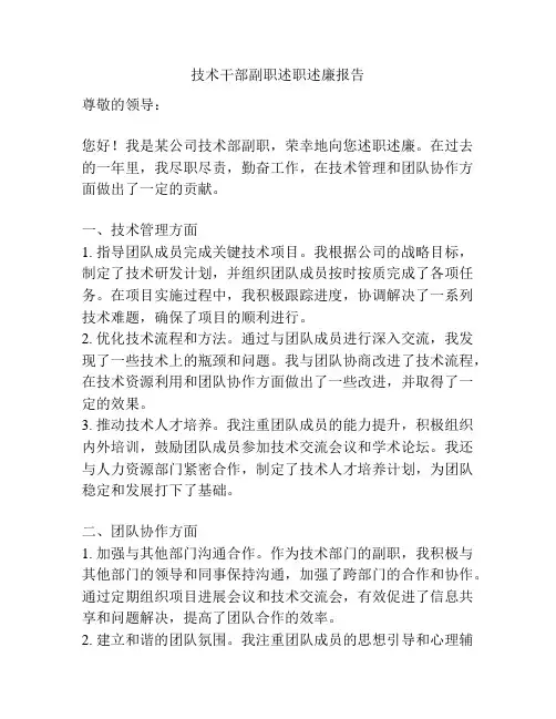 技术干部副职述职述廉报告