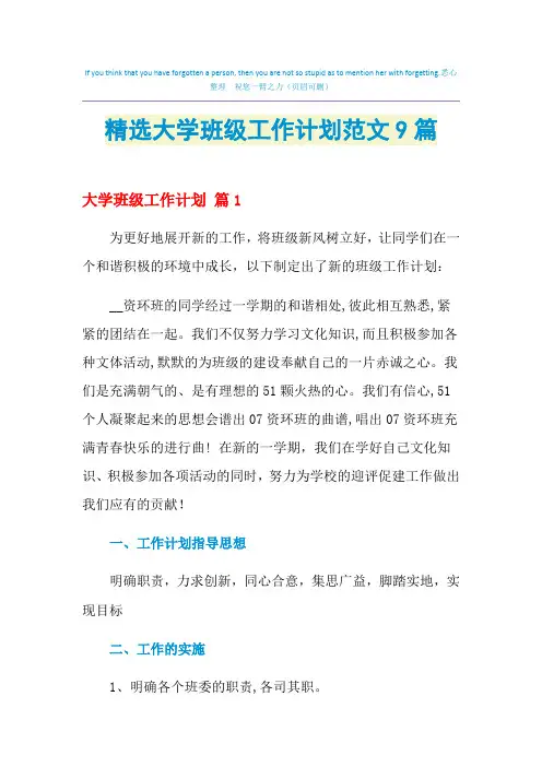 2021年精选大学班级工作计划范文9篇