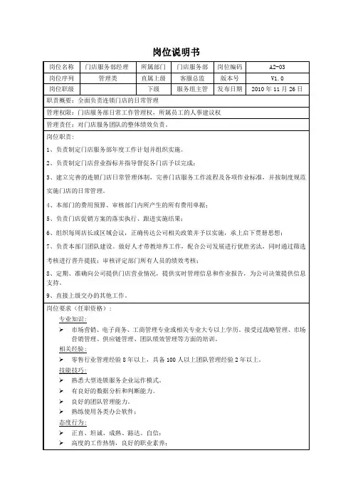 岗位说明书-A2-03门店服务部经理