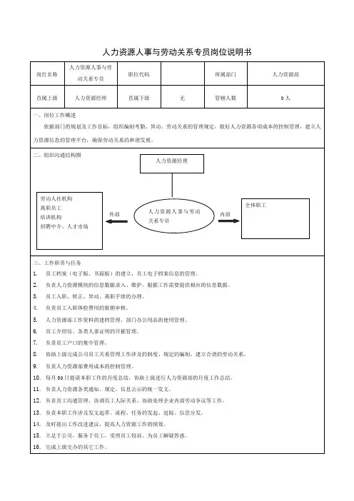 人力资源人事与劳动关系专员岗位说明书