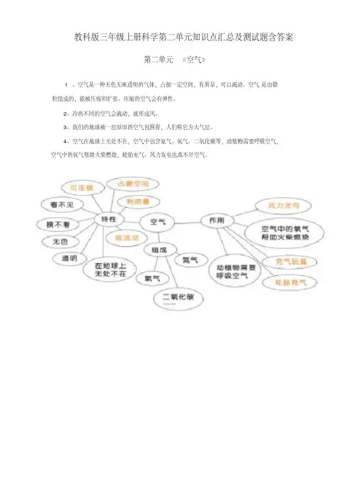 教科版三年级上册科学第二单元《空气》知识点汇总及单元测试(含答案)