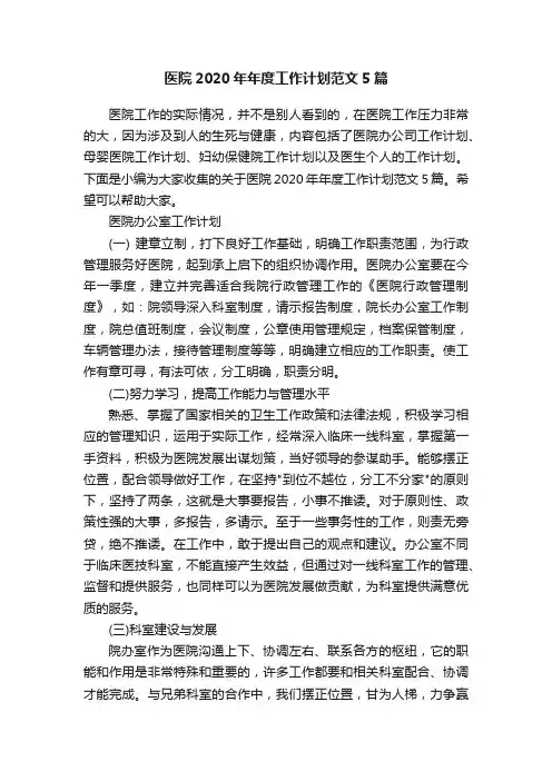 医院2020年年度工作计划范文5篇