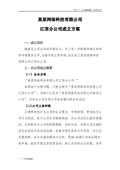 上海区块链公司某某网络科技公司组建方案