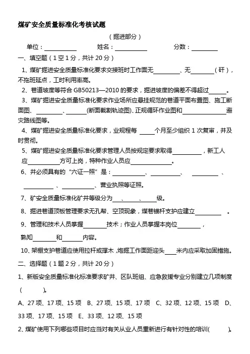 新煤矿安全质量标准化考核试题(掘进)