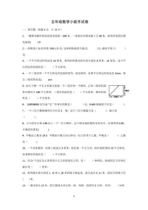 2019-2020五年级上册数学小能手试卷