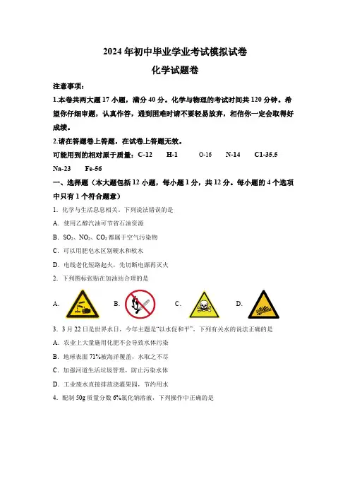 2024年安徽省合肥市瑶海区中考一模考试化学试题(含解析)