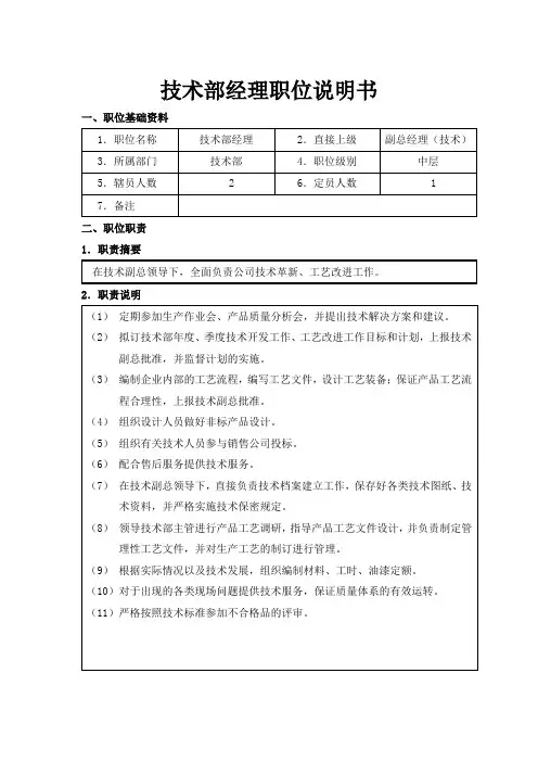 XX公司技术部经理职位说明书