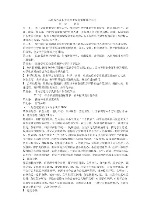 综合素质测评指标体系、评分标准及计算办法