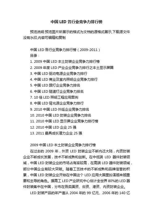中国LED各行业竞争力排行榜