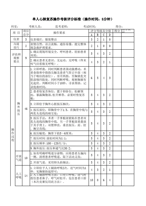 单人心肺复苏考核评分标准