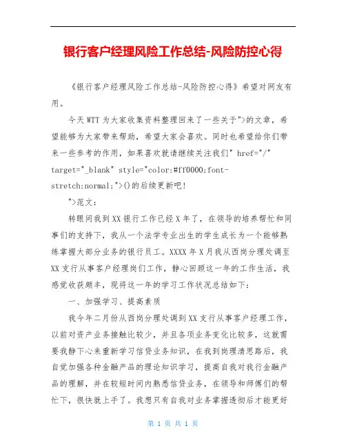 银行客户经理风险工作总结-风险防控心得