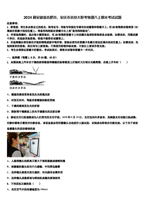 2024届安徽省合肥市、安庆市名校大联考物理八上期末考试试题含解析