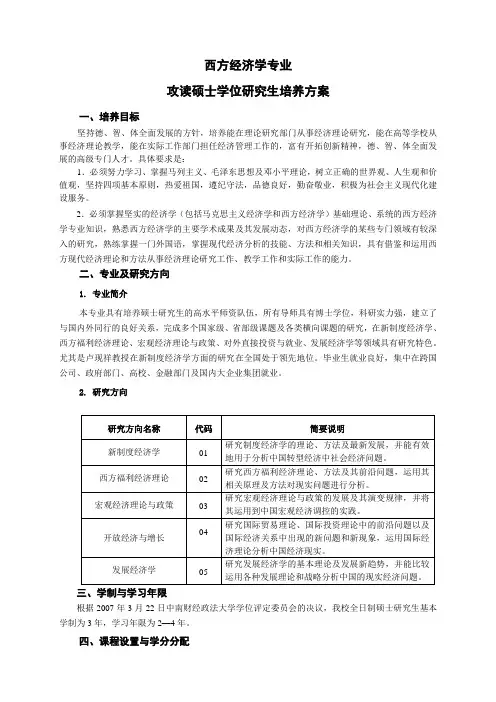 西方经济学专业硕士研究生培养方案