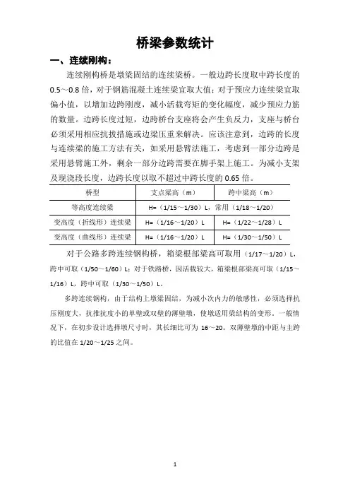 连续钢构、斜拉、悬索、拱桥桥梁结构参数统计