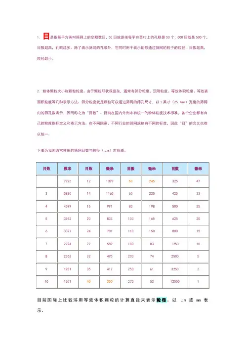筛网目数与粒径对照表