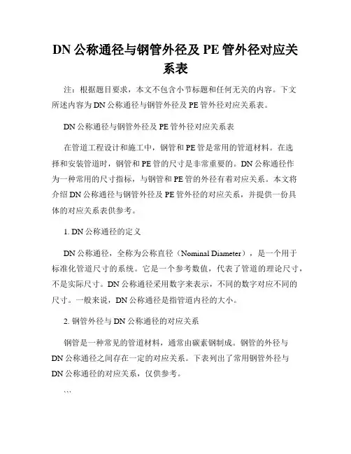 DN公称通径与钢管外径及PE管外径对应关系表