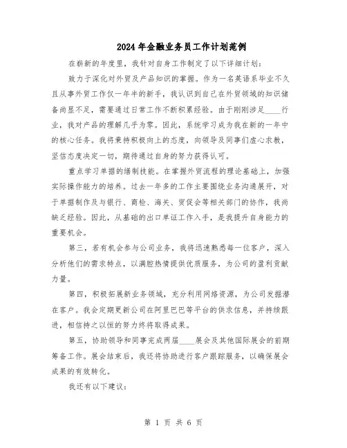 2024年金融业务员工作计划范例（3篇）