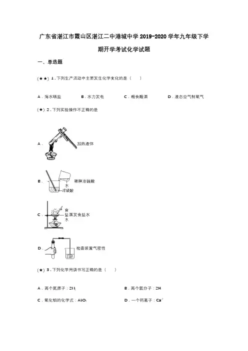广东省湛江市霞山区湛江二中港城中学2019-2020学年九年级下学期开学考试化学试题(word无答案)