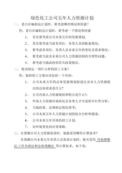 绿色化工公司五年人力资源计划