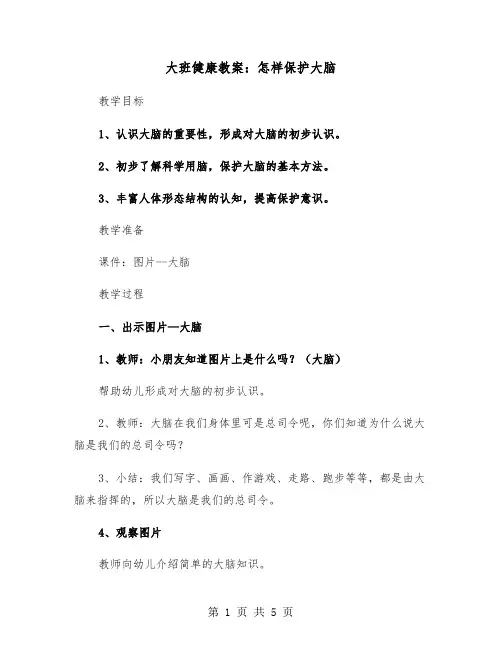 大班健康教案：怎样保护大脑(二篇)