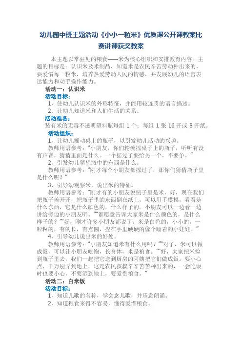 幼儿园中班主题活动《小小一粒米》优质课公开课教案比赛讲课获奖教案