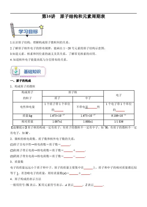 新高一化学(初升高)暑假衔接(人教版)第16讲 原子结构和元素周期表(学生版)