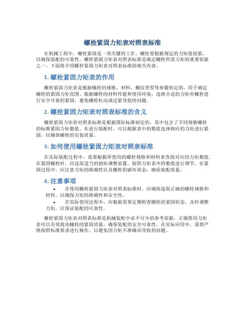 螺栓紧固力矩表对照表标准