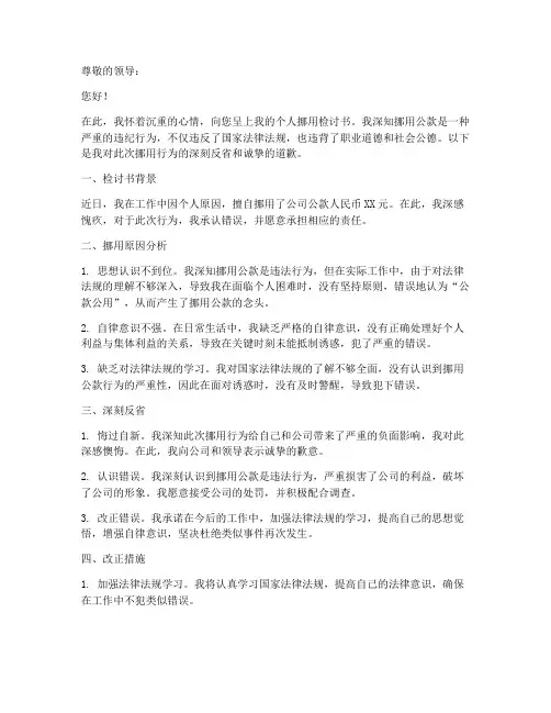 个人挪用检讨书范文模板