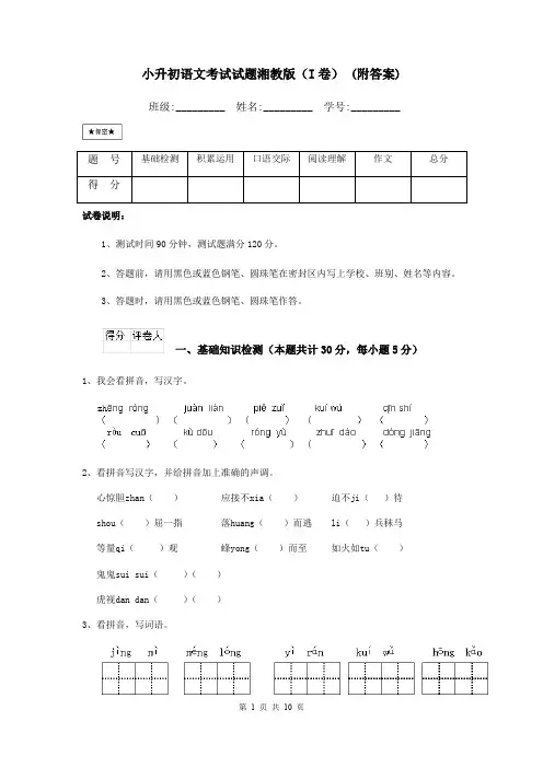小升初语文考试试题湘教版(I卷) (附答案)