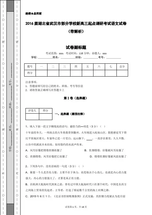 2016届湖北省武汉市部分学校新高三起点调研考试语文试卷(带解析)