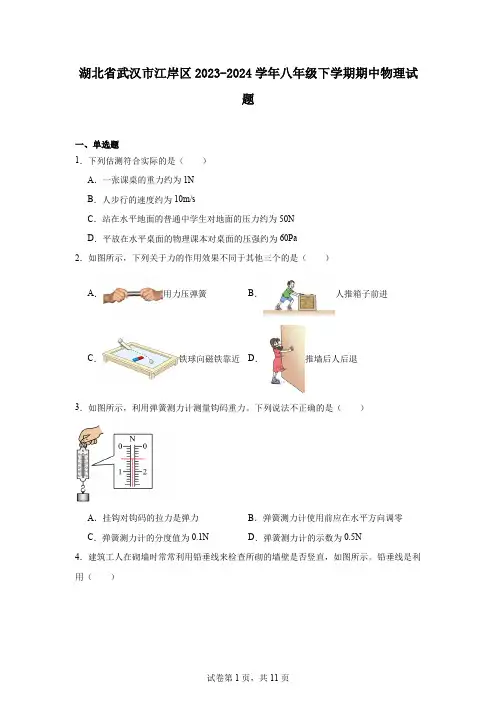 湖北省武汉市江岸区2023-2024学年八年级下学期期中物理试题