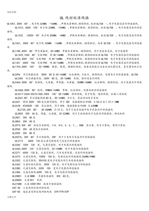 UL线材实用标准规格
