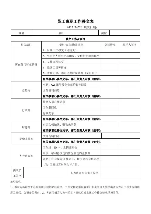 离职工作移交表