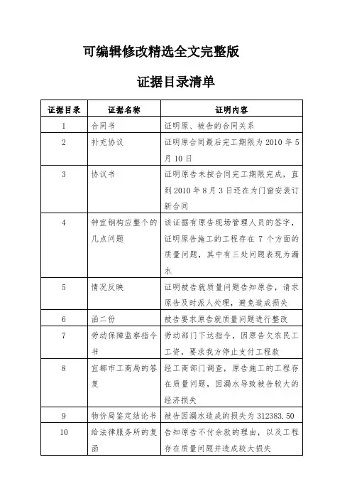 证据目录清单精选全文